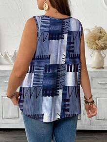 SHEIN LUNE Plus Size Summer Patchwork Print Casual Crew Neck Tank Top, Going Out Tops, Summer Women - Multicolor - View 2