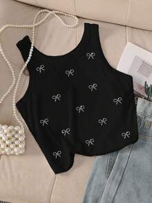 INAWLY Women's Fashion Ribbed Bow Rhinestone Decor Round Neck Camisole - Black - View 3