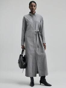 Ontre 2025秋季新款，适合5-15°C，优雅梭织长款衬衫裙，腰部系带，带口袋，商务休闲，通勤，日常穿着，秋冬季，圣诞节，新年 - 灰色 - 查看 4