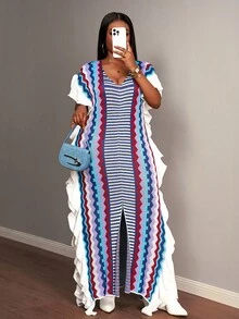 Slaydiva 2025 春秋新品优雅派对、优雅约会、休闲郊游、音乐节、街头风格、游牧风、复古宽松多色条纹侧褶高开衩女式大码针织长裙 - A