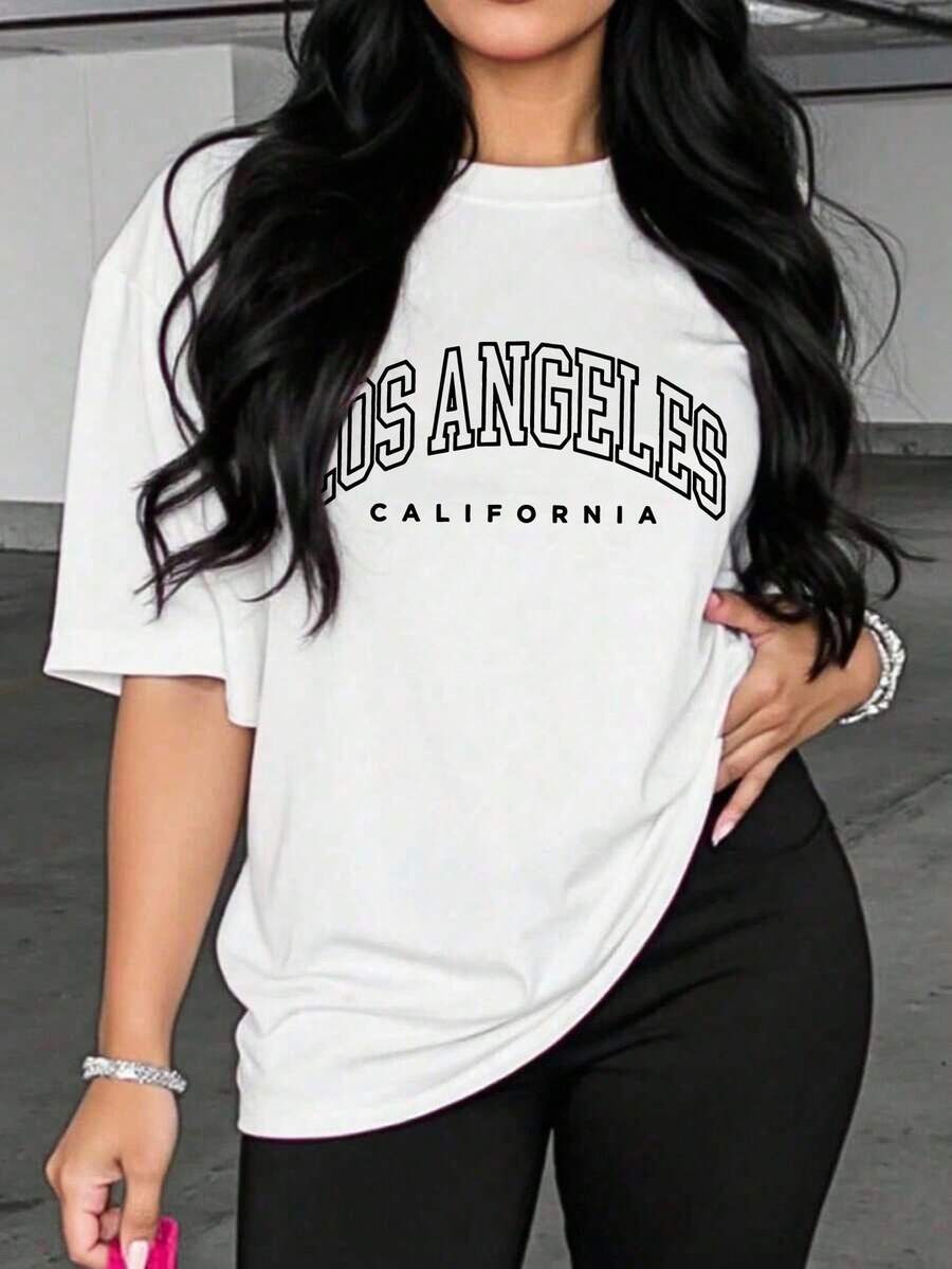 Flirla Los Angeles California Inspired Women Loose Fit Round Neck Casual Letter Graphic Print Plus Size T-Shirt - White - View 1