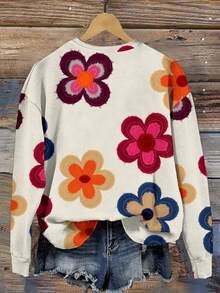 EMERY ROSE Áo sweatshirt dài tay cổ tròn dáng rộng, họa tiết hoa tối giản, phong cách thường ngày dành cho nữ, thích hợp cho mùa thu/đông. Họa tiết hoa 3D dễ thương, áo hoa mùa thu. - Nhiều màu - Xem 2