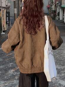 FRIFUL Áo khoác nữ vải da lộn màu nâu trơn cổ đứng vai trễ tay dài túi lớn viền trang trí rộng rãi thường ngày đa năng, mùa thu - Cà phê nâu - Xem 6