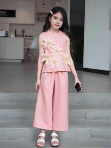 Genkimix Kids 2 件套女童无袖亮黄色碎花上衣 + 休闲宽松裤时尚春夏装 - 粉色 - 查看 3