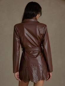 Aveloria Rosie Rochie de toamnă/iarnă, nouă, franceză, retro, vintage, PU, de înaltă calitate, cu guler, sacou, din piele, decorați cu cataramă în talie cu diamant, tiv decupat cu laser și legătură în talie, jachetă standard din piele pentru femei, ajustată