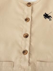 Genkimix Kids 1 件年轻女孩卡其色刺绣宽松连体裤，前口袋，V 领设计，休闲时尚，春秋 - 杏色 - 查看 2