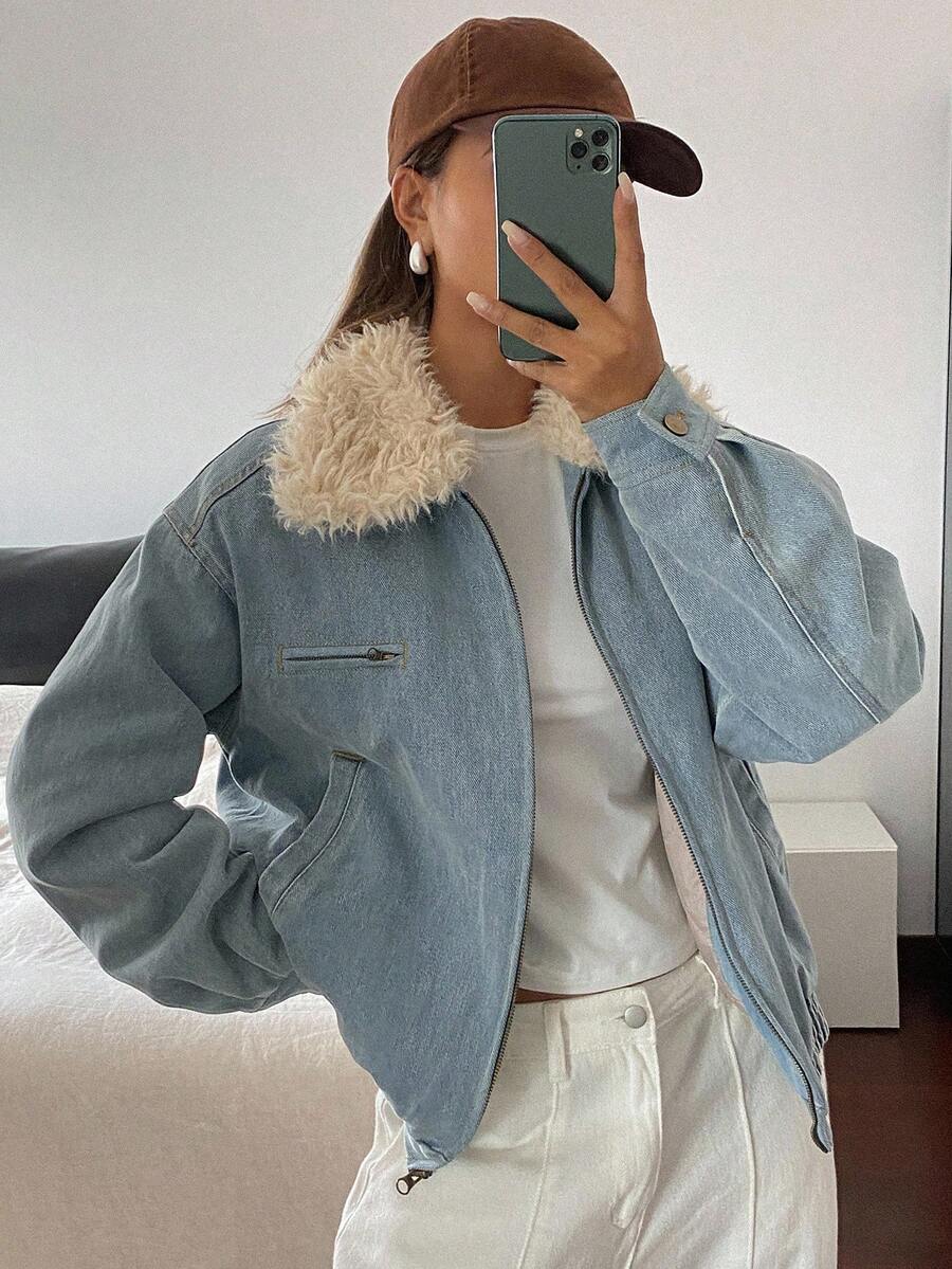 DAZY Áo khoác denim nữ dáng rộng, thoải mái, cổ lông xù, phối màu độc đáo, túi lớn, phong cách đường phố, lót giữ nhiệt, áo khoác nữ mùa thu/đông. - Rửa nhẹ - Xem 1