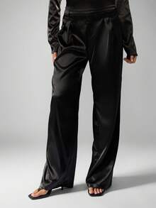 MISSGUIDED High Waist Wide Leg Palazzo Pants Satin Finish Formal Evening Trousers - Black - View 1