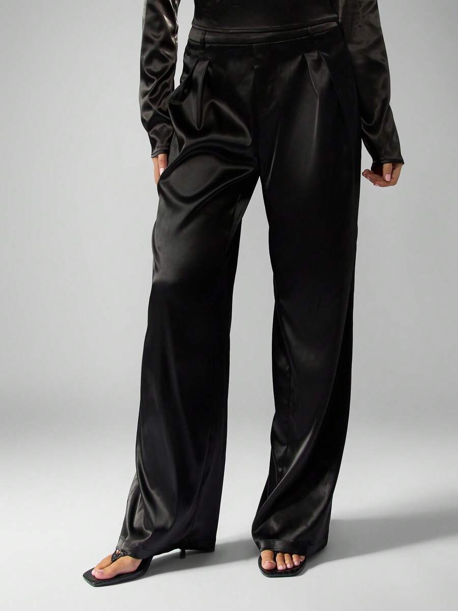 MISSGUIDED High Waist Wide Leg Palazzo Pants Satin Finish Formal Evening Trousers - Black - View 1