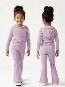 SHEIN 2 件套年轻女孩街头风格运动时尚基本款连帽衫和喇叭裤紫色运动服，长袖连帽衫和喇叭裤