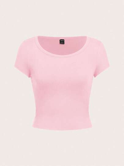 SHEIN EZwear Camiseta ajustada de mujer de cuello redondo, mangas raglán y color rosa minimalista y casual