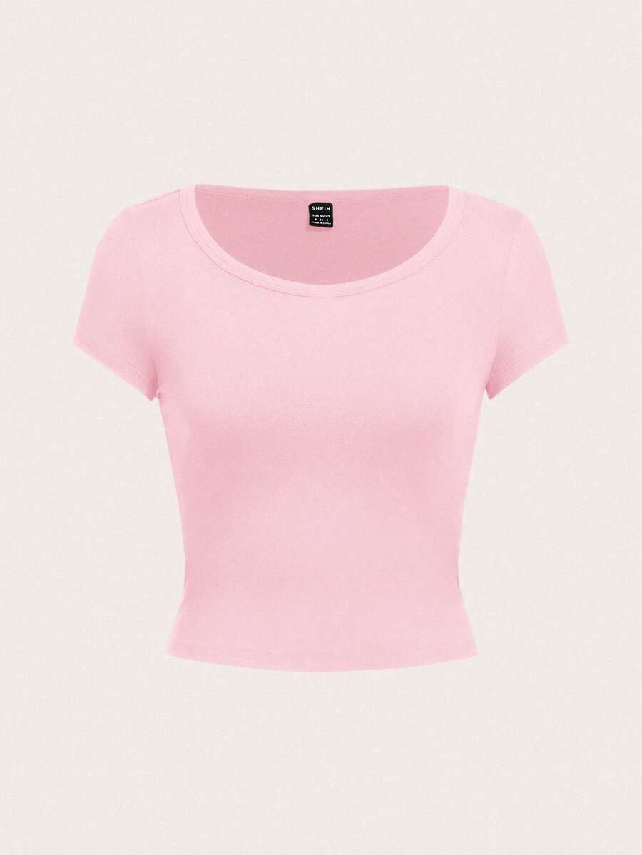 SHEIN EZwear Casual Minimalist Pink Round Neck Raglan Sleeve Black Fitted Women T-Shirt - Baby Pink - View 1
