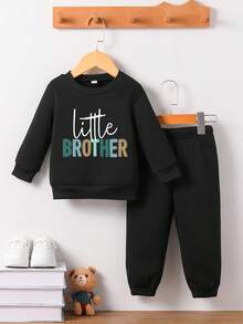 2pcs/Set Baby Boy Fashion Black Colorful Letter Print Fleece Sweatshirt & Sweatpants Outfit,Cute Matching Family Autumn/Winter Long Sleeve Set - Black - View 3