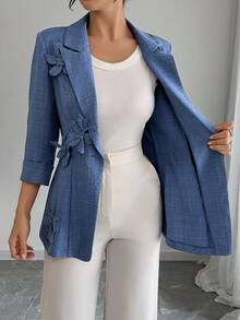 Elenzga Women's Elegant 3D Floral Decor Lapel Neck3/4 Sleeve Jacket, Autumn - Blue - View 6