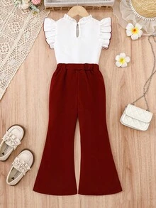 2pcs Young Girl Elegant Cap Sleeve Top And Bell Bottom Pants Set, Summer - Burgundy - View 2