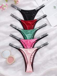 Eraneu 5条装女士多色亮面缎面丁字裤