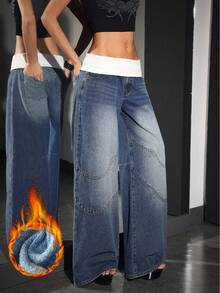 SHEIN Unity Women's Super Low Waist Loose Fit Thermal Lined Wide Leg Jeans - Blue - View 3
