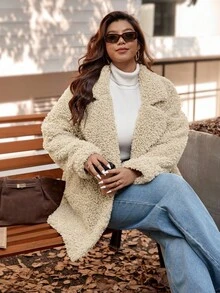 Vionelle Plus Size Fashion Solid Casual Long Sleeve Flip Collar Quilted Faux Teddy Fleece Jacket For Women Winter Autumn Fall