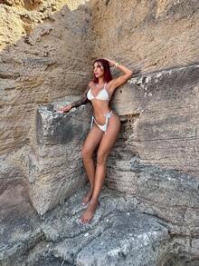 Bearsaez 2pcs Women Summer Floral Decor Contrast Color Halter Swimsuit Top And Drawstring Side Swim Bottoms, Vacation Swimwear Set