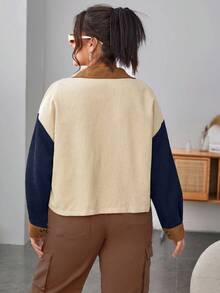 SHEIN EZwear 大码女式撞色落肩长袖单排扣休闲衬衫，秋季 - 彩色 - 查看 4