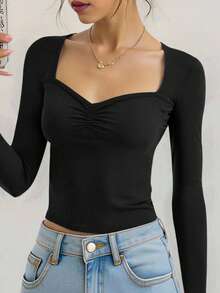 Magliette a maniche lunghe aderenti per ragazze adolescenti, t-shirt casual con arricciatura sul busto, colore unito, stile carino e dolce, adatta per la scuola, occasioni festive, picnic all'aperto in primavera, uso quotidiano, adatta per varie occasioni - nero - Visualizzare 3