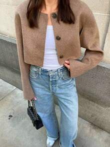 Siren Gaze Women's Solid Color Round Neck Drop Shoulder Short Jacket, New Autumn Style,Cropped Blended Overcoat, Travel Jacket, Motorcycle Wear