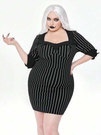 Robe moulante mini gothique à rayures verticales noires et blanches, grande taille