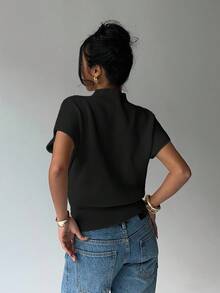 Aloruh 女式纯色立领蝙蝠袖短袖休闲针织上衣，秋季 - 黑色 - 查看 3