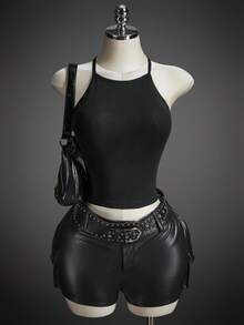 SHEIN ICON Women's Millennial Style Y2K Halloween Cosplay Sexy Personalized Avant-Garde Fashion Simple Mesh Spiderweb Pattern Black Backless Slim Top - Multicolor - View 5