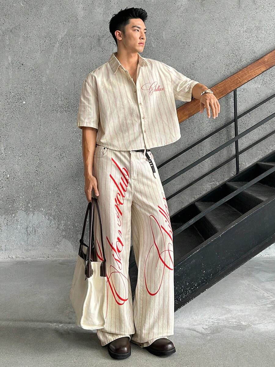 SWAVVY Áo sơ mi denim dáng rộng, đơn hàng khuy, tay ngắn, họa tiết sọc chữ dành cho nam - trắng - Xem 1