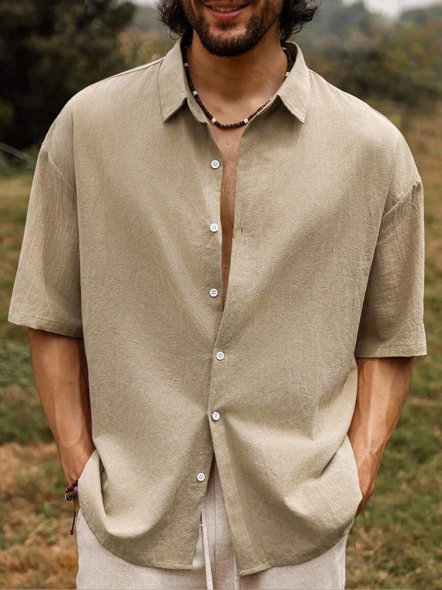Genlund Camisa casual de algodón puro de manga corta, holgada y de hombros caídos, de unicolor, para verano - Camel - Ver 1
