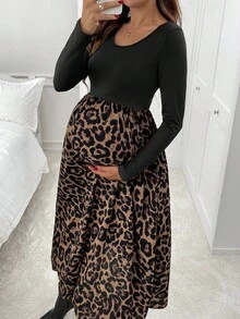 SHEIN Maternity Round Neck Long Sleeve Patchwork Leopard Hem Casual Fashionable Dress Long Sleeve Midi Dress Maternity Dress Leopard Print Dress Cheetah Print Dress Animal Print Dress - Multicolor - View 3