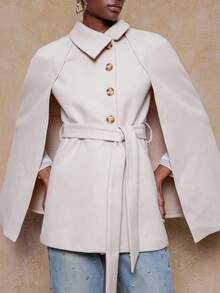 SHEIN Privé VITNOS Women's Fall/Winter Cape Sleeve Overcoat,White Gold,Autumn,Elegant,Office Solid Color Elegant Coat For Party,Luxury Evening,Date Night,New Year - Beige - View 3