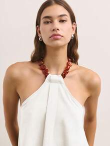 Nöista This Sleeveless Halter Top In Muted Olive Features A Draped Front And Wooden Bead Neckline, Creating A Relaxed, Flowy Silhouette. Perfect For Summer Outfits, Cute Summer Tops, Plus Size Summer Clothes, And Women's Summer Clothes.