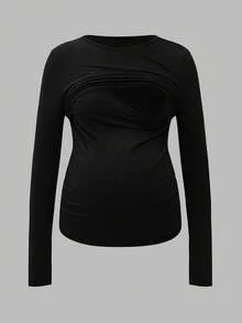 Modmama 休闲纯色圆领长袖高弹力哺乳上衣 - 卡其色 - 查看 7