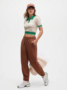 Eassivo Eassivo 女式撞色饰边短款 Polo 衫、短款针织衫、女式 Polo 衫 - 米色 - 查看 4