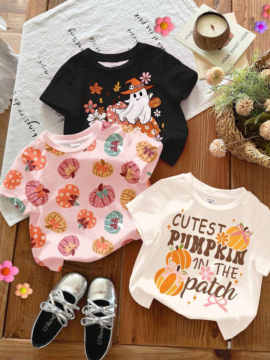 SHEIN Bộ 3 áo thun ngắn tay cổ tròn dễ thương cho bé gái Happikins màu trắng kem, hồng kem, đen với họa tiết nơ mùa thu, bí ngô và ma quỷ, thích hợp mặc ngoài trời, dạo phố, ở nhà, dự tiệc, đa năng cho mùa Halloween và thu. - Nhiều màu - Xem 1