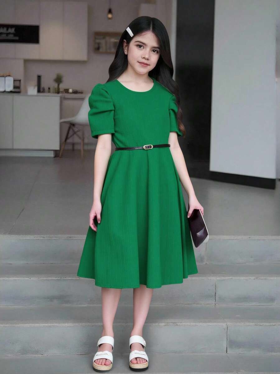 SHEIN Vestido casual para niña preadolescente de manga abullonada y cuello redondo en unicolor - Verde - Ver 1