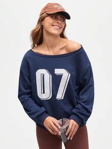 Streetz SHEIN Sport 女式休闲宽松数字印花落肩长袖运动衫 - 藏蓝色 - 查看 2