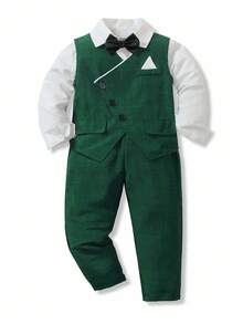 SHEIN Bộ vest nam 2 món, thiết kế cúc chéo bất đối xứng, thích hợp cho đám cưới - Màu xanh lá cây đậm - Xem 3