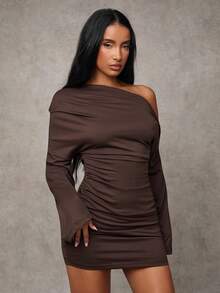 SHEIN BAE Sukienka damska w jednolitym kolorze, minimalistyczna, swobodna, asymetryczna, z odkrytymi ramionami