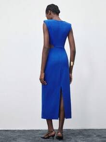 Maija 女士优雅纯色镂空修身中长连衣裙 - 藍色 - 查看 4