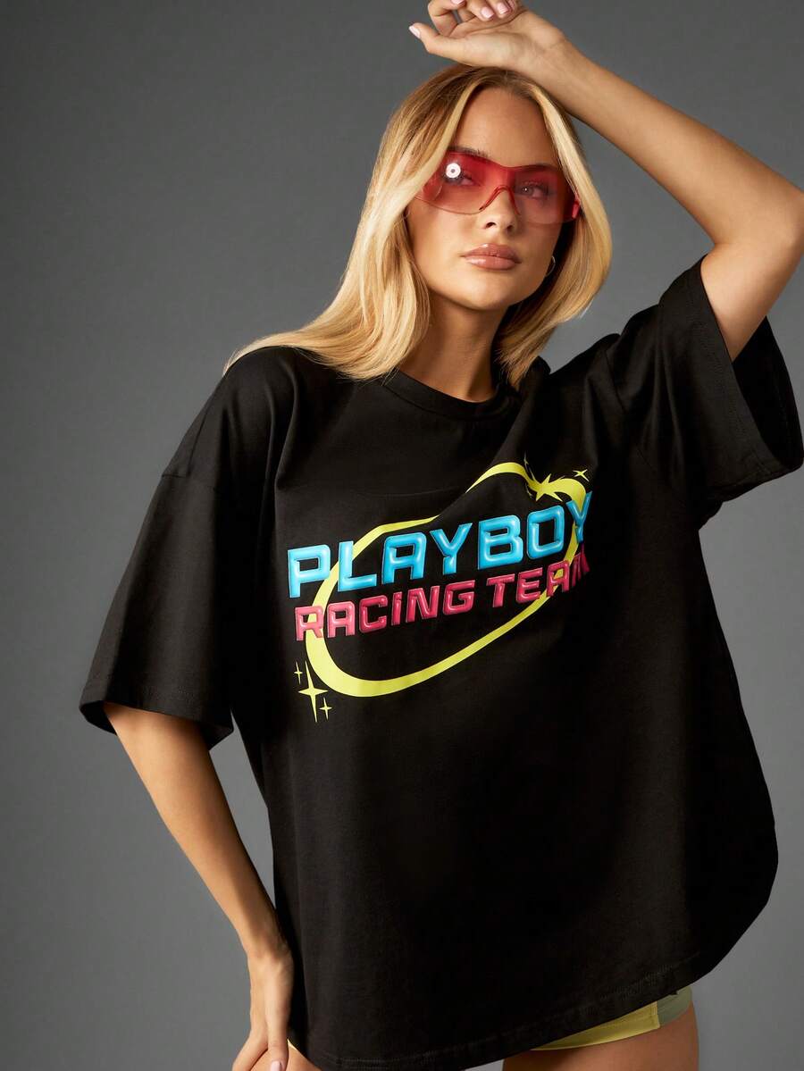 Missguided x Playboy Oversized Graphic T Shirt With Racing Team Print And Short Sleeves For Casual Wear - Black - View 1