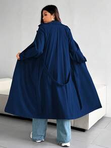 Vionelle Áo khoác trench coat dáng rộng màu trơn cỡ lớn - Màu xanh hải quân - Xem 2