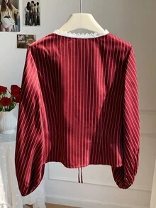 Comfortcana Women's Deep V-Neck Lace Collar Red Striped Women's Casual Shirt Going Out Tops For Women - Burgundy - View 2