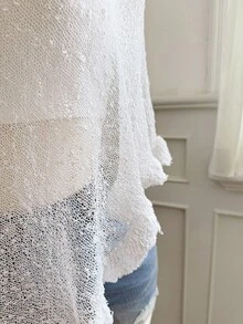 SHEIN EZwear 大码女式绿色荷叶边下摆半透明休闲钩针斗篷，适合夏季外出和约会 - 白色 - 查看 3