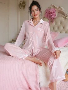 PetitDoll 女士纯色蝴蝶结提花天鹅绒和裤子睡衣套装，秋冬女士睡衣套装粉色睡衣套装粉色睡衣套装女士可爱睡衣长袖睡衣套装舒适优雅细节，秋季服装 - 淺粉色 - 查看 3