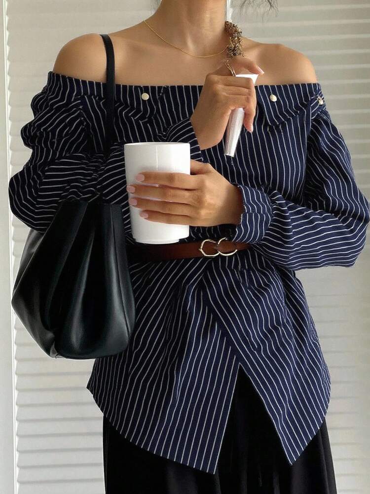 Autumn/Winter New Loose Casual Off-Shoulder Striped Women Shirt Long Sleeve Top