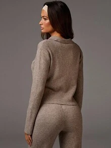 Athîral Women's Casual Button-Embroidered Cropped Knit Top, Fall Ribbed Knit Top, Polo Shirt, Fall Fashion, Fall Women's Brown Knit Sweater, Knitted Long Sleeve, Women's Long-Sleeved Top, Back-To-School Season, - Khaki - View 3