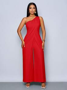 SOLERSUN Tuta larga con spacco e una spalla senza maniche, di moda per donna in primavera ed estate per uso quotidiano - Rosso - Visualizzare 4